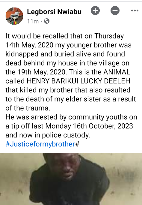 "The trauma led to the d�ath of my elder sister" - Nigerian man shares video of murder suspect who allegedly kidnapped and k!lled his brother